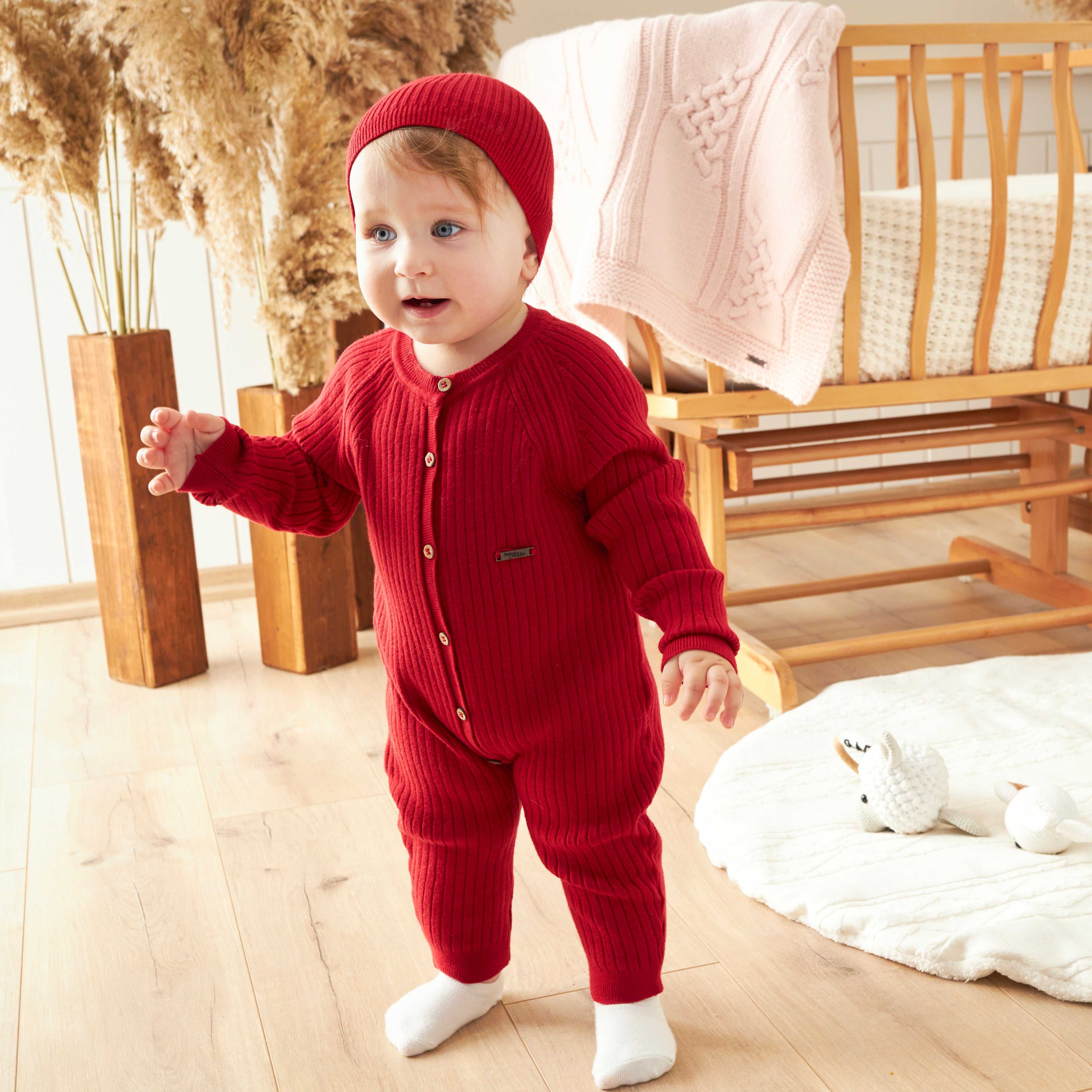 Baby Knit Romper Set with Hat – Classic Red