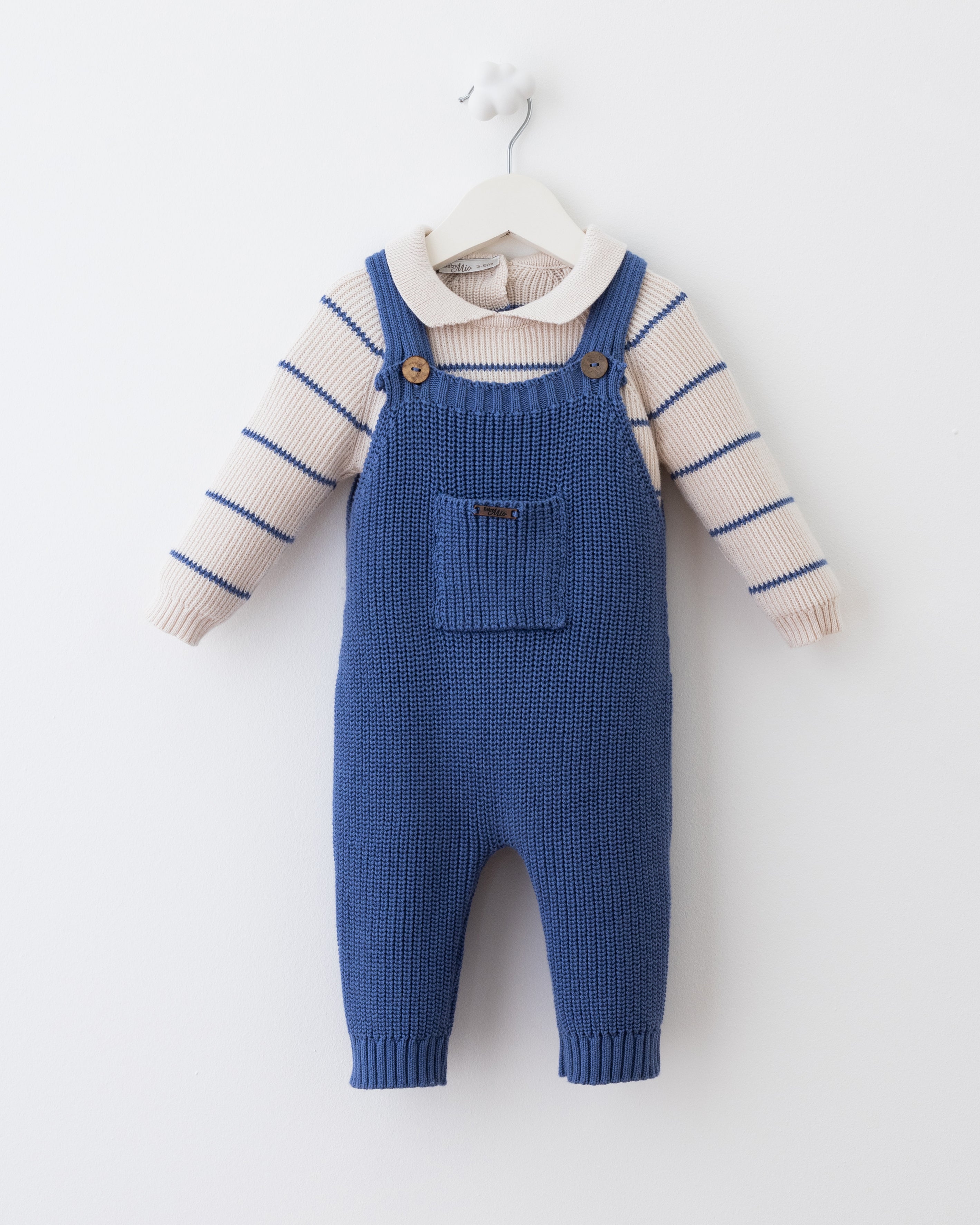 Baby Knit Overall Set – Soft Blue & Cream | 100% Cotton 2-Piece Outfit