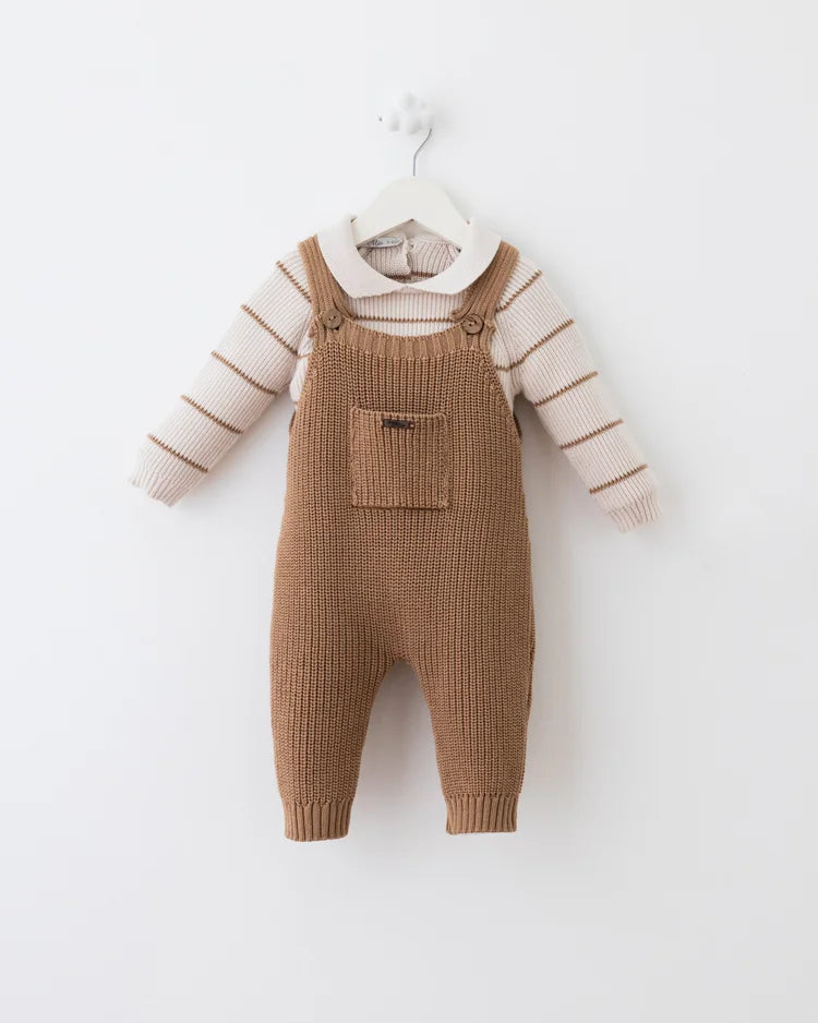 Baby Knit Overall Set – Camel & Cream | 2-Piece Outfit