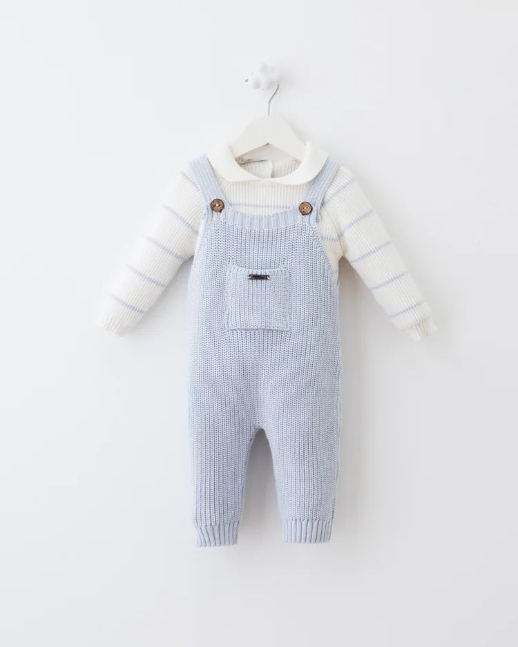 Baby Knit Overall Set – Light Blue & Cream | 2-Piece Outfit