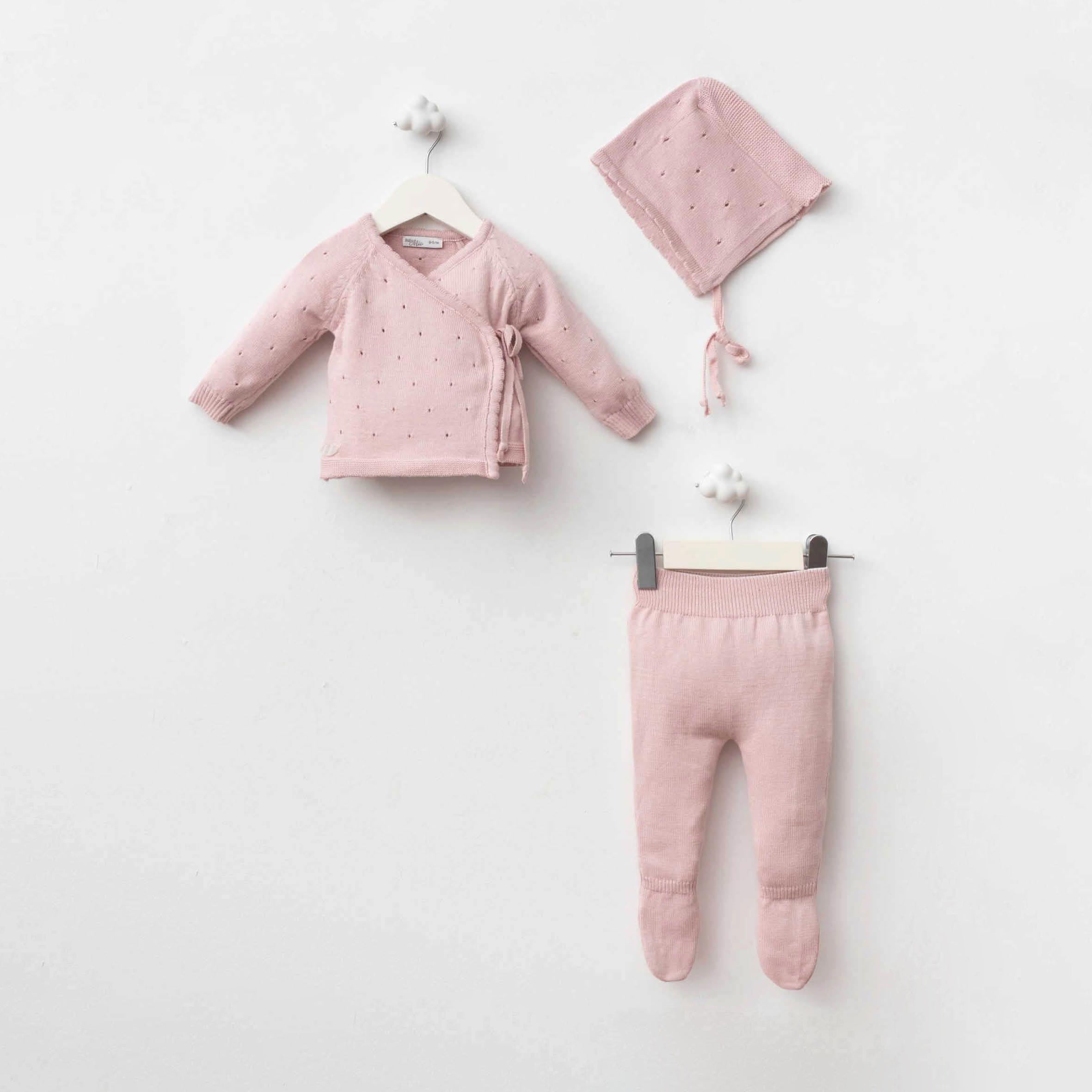 100% Cotton Baby Set with Bonnet – Soft Pink (3-Piece Set)
